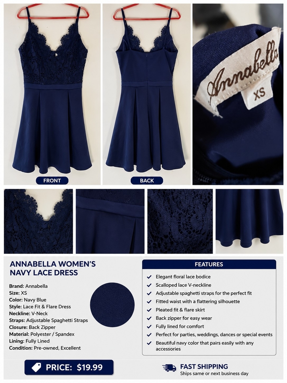 Annabella Women’s Navy Blue Lace Fit & Flare Dress – Size XS